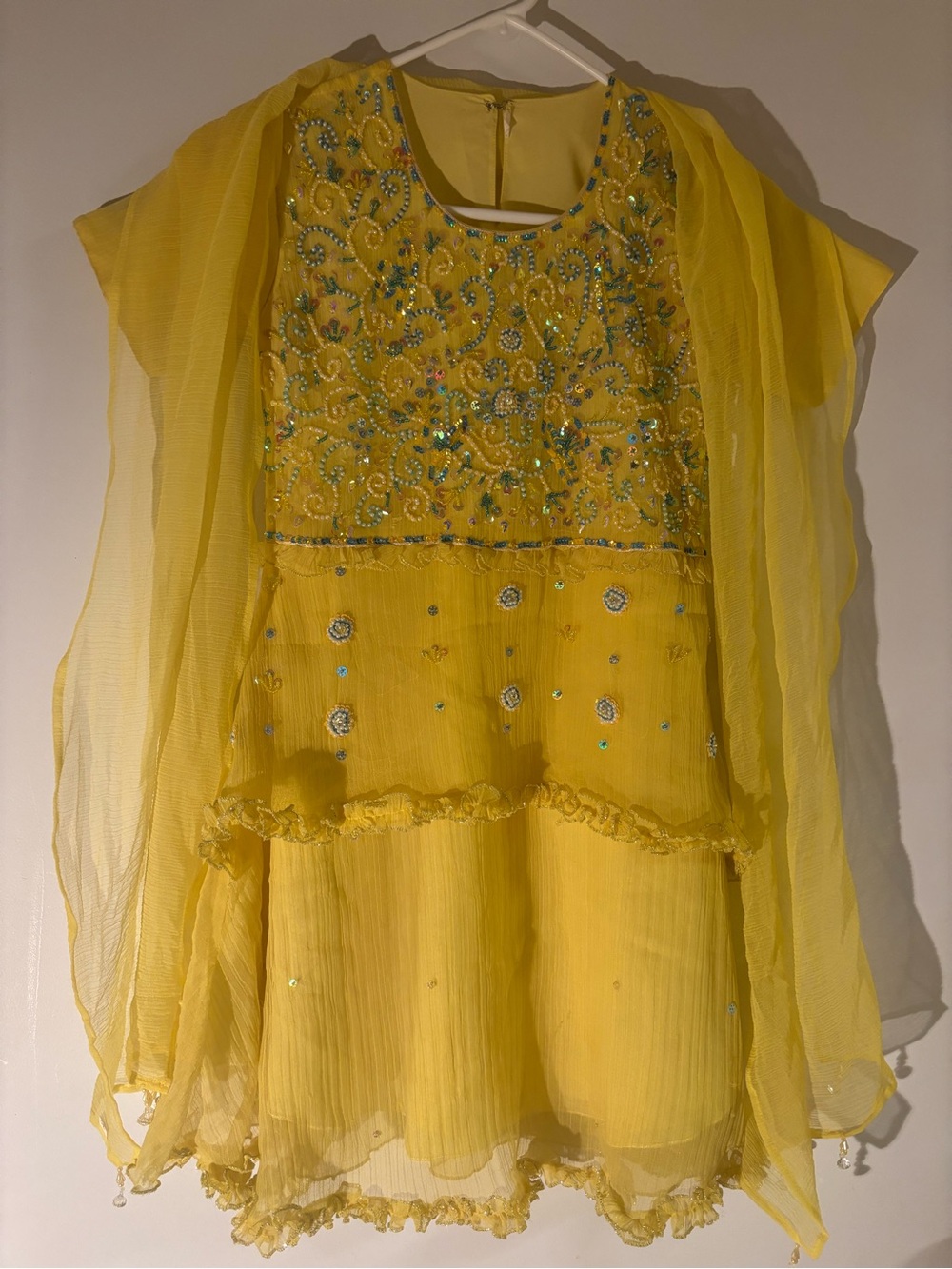 Teen girl,HANDMADE Sunny yellow outfit.Top,Pant&scarf w blue Swiss sequins&beads